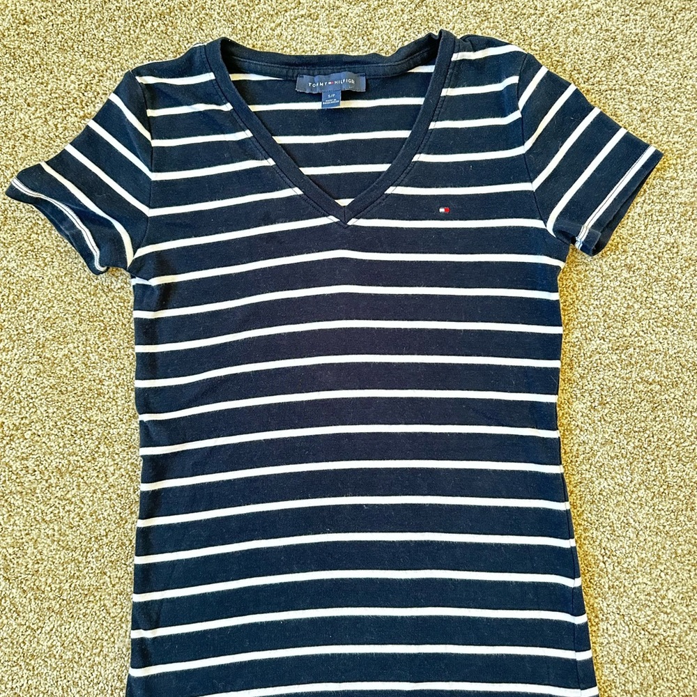 Tommy Hilfiger Navy & White Striped V-Neck Short Sleeve Tee